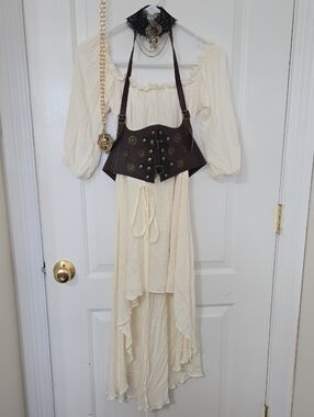 Steampunk Brown Leather Waist Corset Belt with Brass Accents S/M